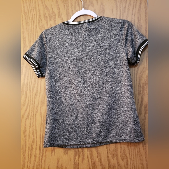 Cute, short sleeve black and gray v-neck shirt with red rose detail on front. - Picture 3 of 4